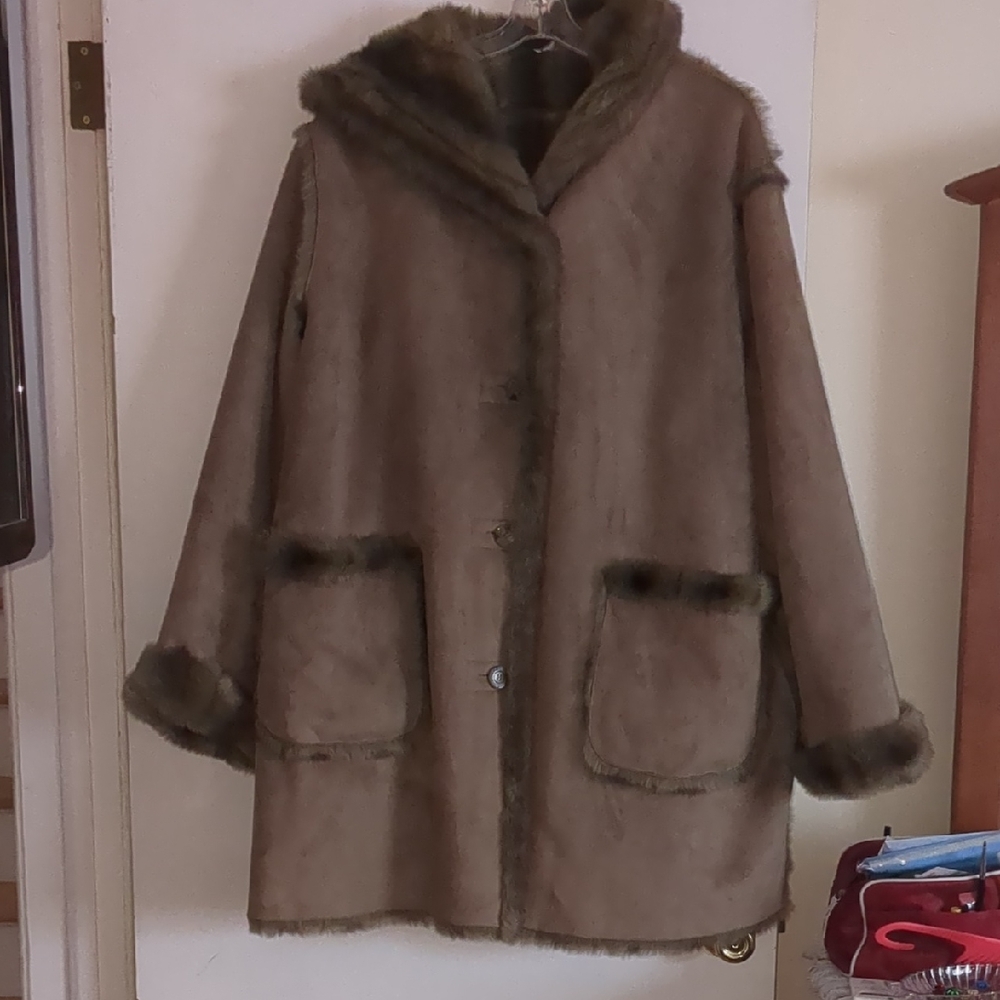 Dennis Basso Brown Faux Fur Coat with Hood